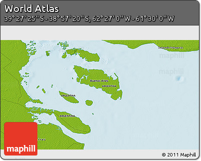 Physical 3D Map of the Area around 39° 12' 22" S, 61° 58' 30" W