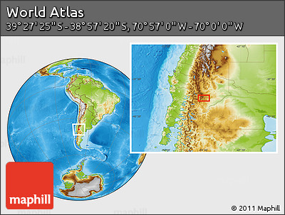 Physical Location Map of the Area around 39° 12' 22" S, 70° 28' 29" W