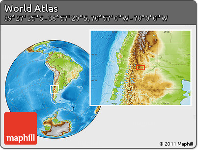 Physical Location Map of the Area around 39° 12' 22" S, 70° 28' 29" W