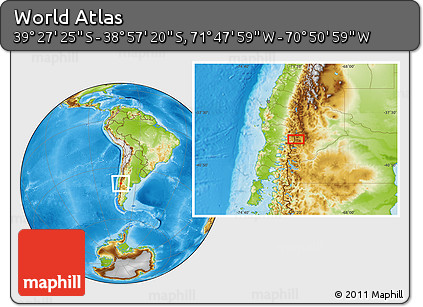 Physical Location Map of the Area around 39° 12' 22" S, 71° 19' 29" W