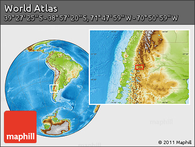 Physical Location Map of the Area around 39° 12' 22" S, 71° 19' 29" W