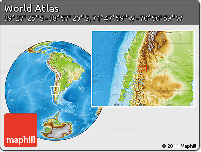 Physical Location Map of the Area around 39° 12' 22" S, 71° 19' 29" W