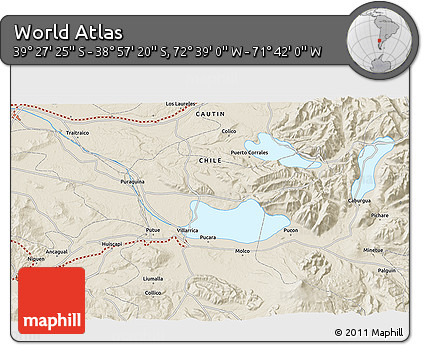 Shaded Relief 3D Map of the Area around 39° 12' 22" S, 72° 10' 30" W