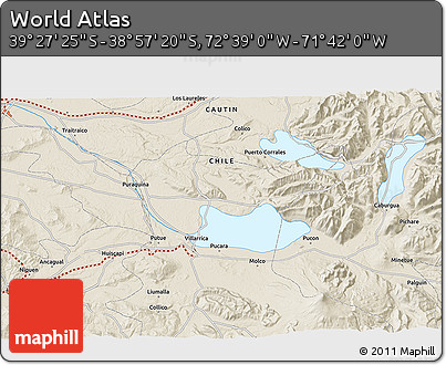 Shaded Relief 3D Map of the Area around 39° 12' 22" S, 72° 10' 30" W