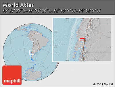 Gray Location Map of the Area around 39° 12' 22" S, 72° 10' 30" W, hill shading