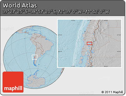 Gray Location Map of the Area around 39° 12' 22" S, 72° 10' 30" W, hill shading