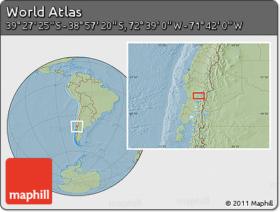 Savanna Style Location Map of the Area around 39° 12' 22" S, 72° 10' 30" W, hill shading