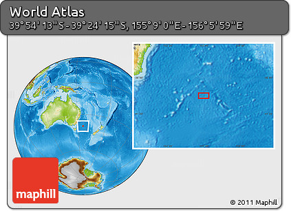 Physical Location Map of the Area around 39° 39' 14" S, 155° 37' 30" E
