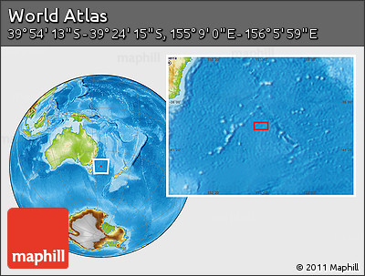 Physical Location Map of the Area around 39° 39' 14" S, 155° 37' 30" E
