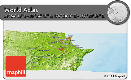 Physical Panoramic Map of the Area around 39° 39' 14" S, 176° 52' 30" E