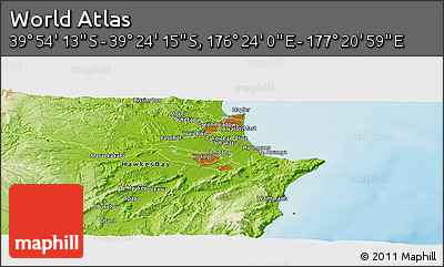 Physical Panoramic Map of the Area around 39° 39' 14" S, 176° 52' 30" E