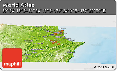 Physical Panoramic Map of the Area around 39° 39' 14" S, 176° 52' 30" E