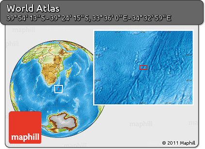 Physical Location Map of the Area around 39° 39' 14" S, 34° 4' 30" E