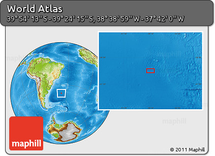 Physical Location Map of the Area around 39° 39' 14" S, 38° 10' 29" W