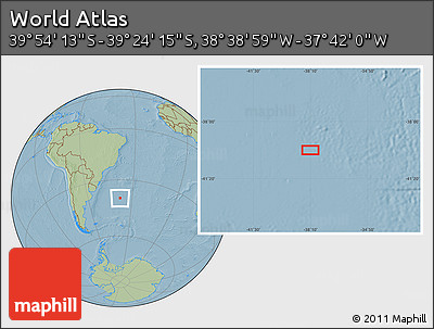 Savanna Style Location Map of the Area around 39° 39' 14" S, 38° 10' 29" W, hill shading