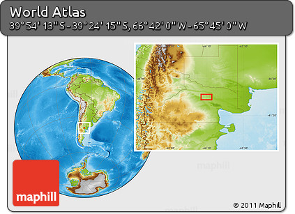 Physical Location Map of the Area around 39° 39' 14" S, 66° 13' 29" W