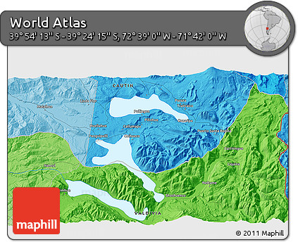 Political 3D Map of the Area around 39° 39' 14" S, 72° 10' 30" W