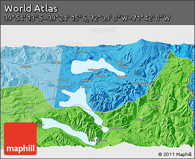 Political 3D Map of the Area around 39° 39' 14" S, 72° 10' 30" W