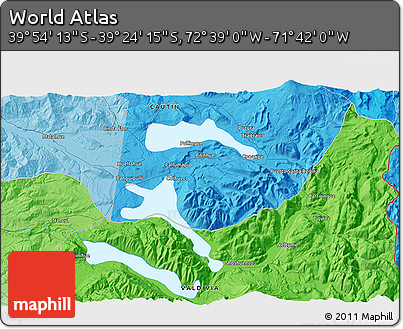 Political 3D Map of the Area around 39° 39' 14" S, 72° 10' 30" W