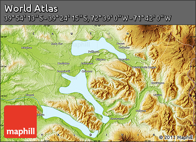 Physical Map of the Area around 39° 39' 14" S, 72° 10' 30" W