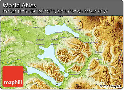 Physical Map of the Area around 39° 39' 14" S, 72° 10' 30" W