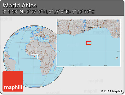 Gray Location Map of the Area around 3° 19' 33" N, 0° 55' 29" E