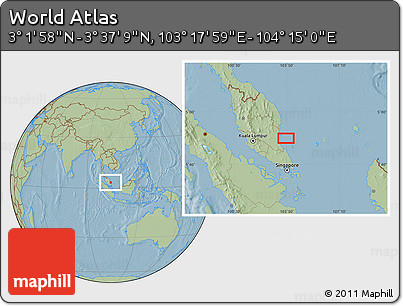 Savanna Style Location Map of the Area around 3° 19' 33" N, 103° 46' 30" E, hill shading