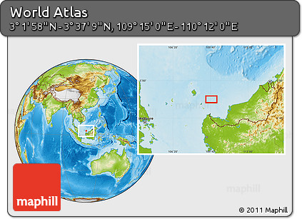Physical Location Map of the Area around 3° 19' 33" N, 109° 43' 29" E