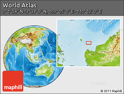Physical Location Map of the Area around 3° 19' 33" N, 109° 43' 29" E