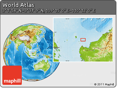 Physical Location Map of the Area around 3° 19' 33" N, 109° 43' 29" E