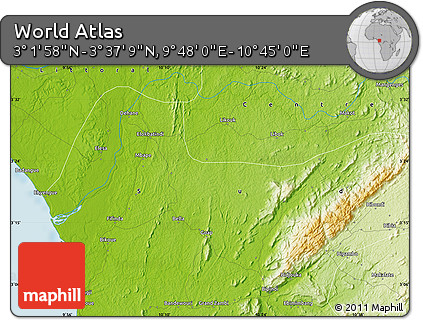 Physical Map of the Area around 3° 19' 33" N, 10° 16' 30" E