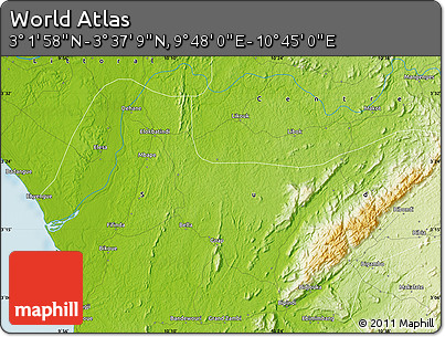 Physical Map of the Area around 3° 19' 33" N, 10° 16' 30" E