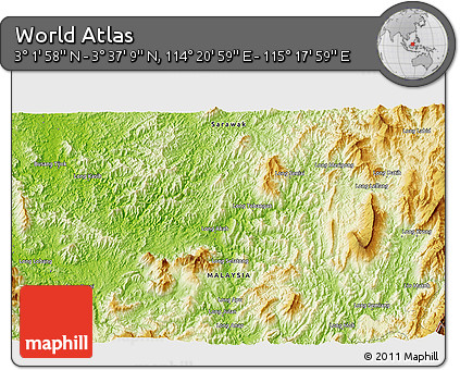Physical 3D Map of the Area around 3° 19' 33" N, 114° 49' 29" E