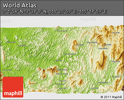 Physical 3D Map of the Area around 3° 19' 33" N, 114° 49' 29" E