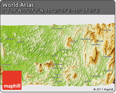 Physical 3D Map of the Area around 3° 19' 33" N, 114° 49' 29" E