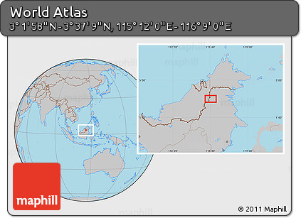 Gray Location Map of the Area around 3° 19' 33" N, 115° 40' 30" E