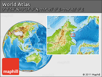Physical Location Map of the Area around 3° 19' 33" N, 118° 13' 29" E