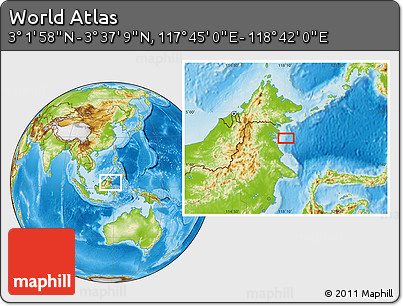 Physical Location Map of the Area around 3° 19' 33" N, 118° 13' 29" E