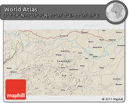 Shaded Relief 3D Map of the Area around 3° 19' 33" N, 11° 7' 30" E