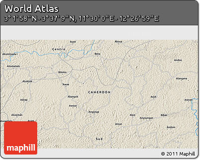 Shaded Relief 3D Map of the Area around 3° 19' 33" N, 11° 58' 29" E
