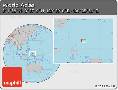 Gray Location Map of the Area around 3° 19' 33" N, 130° 7' 30" E