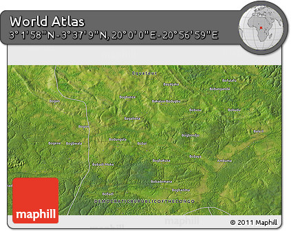Satellite 3D Map of the Area around 3° 19' 33" N, 20° 28' 30" E