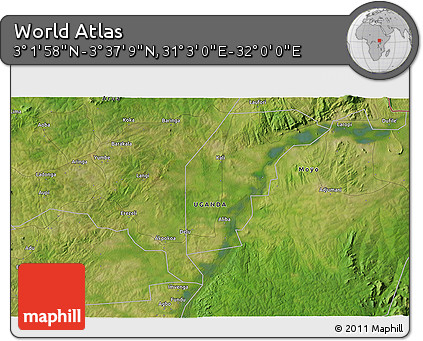 Satellite 3D Map of the Area around 3° 19' 33" N, 31° 31' 29" E