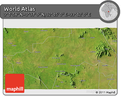 Satellite 3D Map of the Area around 3° 19' 33" N, 33° 13' 30" E