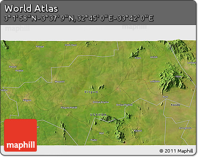 Satellite 3D Map of the Area around 3° 19' 33" N, 33° 13' 30" E