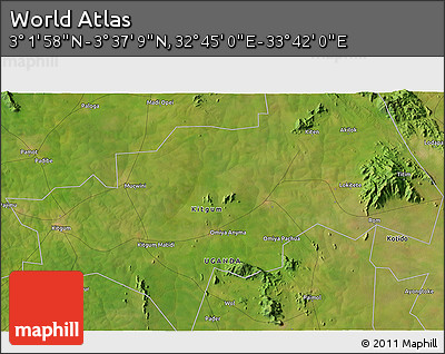 Satellite 3D Map of the Area around 3° 19' 33" N, 33° 13' 30" E