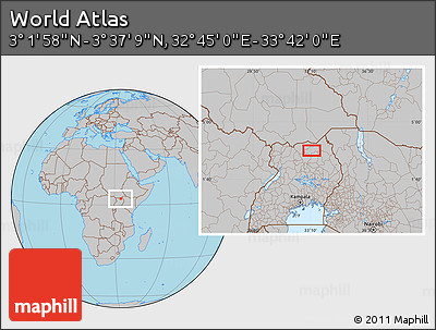 Gray Location Map of the Area around 3° 19' 33" N, 33° 13' 30" E