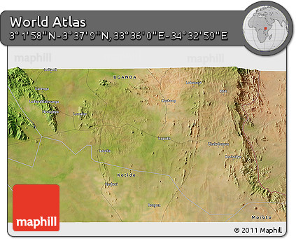 Satellite 3D Map of the Area around 3° 19' 33" N, 34° 4' 30" E