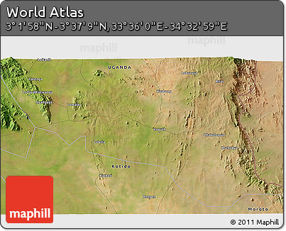 Satellite 3D Map of the Area around 3° 19' 33" N, 34° 4' 30" E