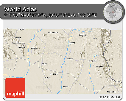 Shaded Relief 3D Map of the Area around 3° 19' 33" N, 34° 4' 30" E